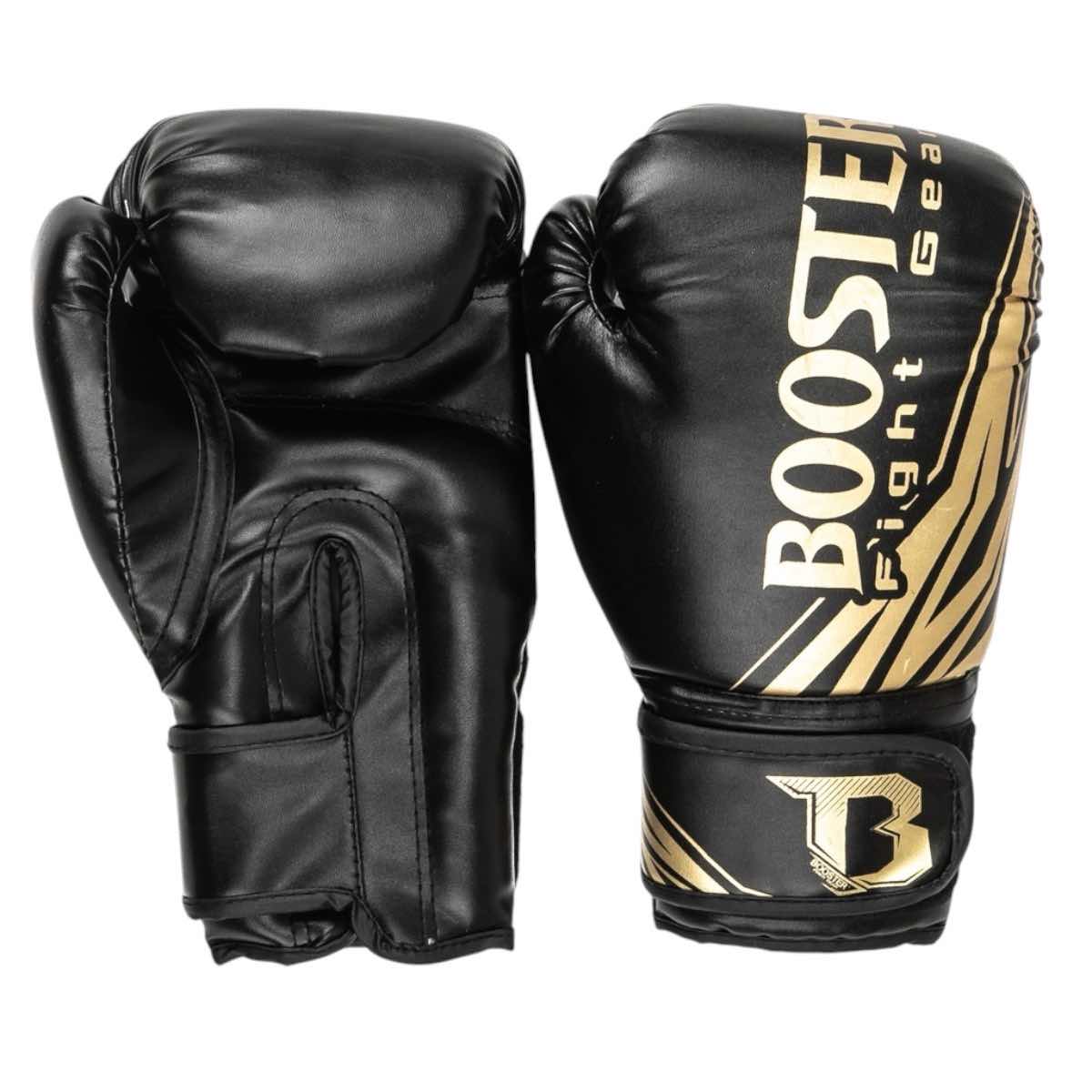 Gants de boxe enfant Booster noir et rose en cuir synthétique avec rembourrage, tailles 6 et 8 oz, sécurité optimale.