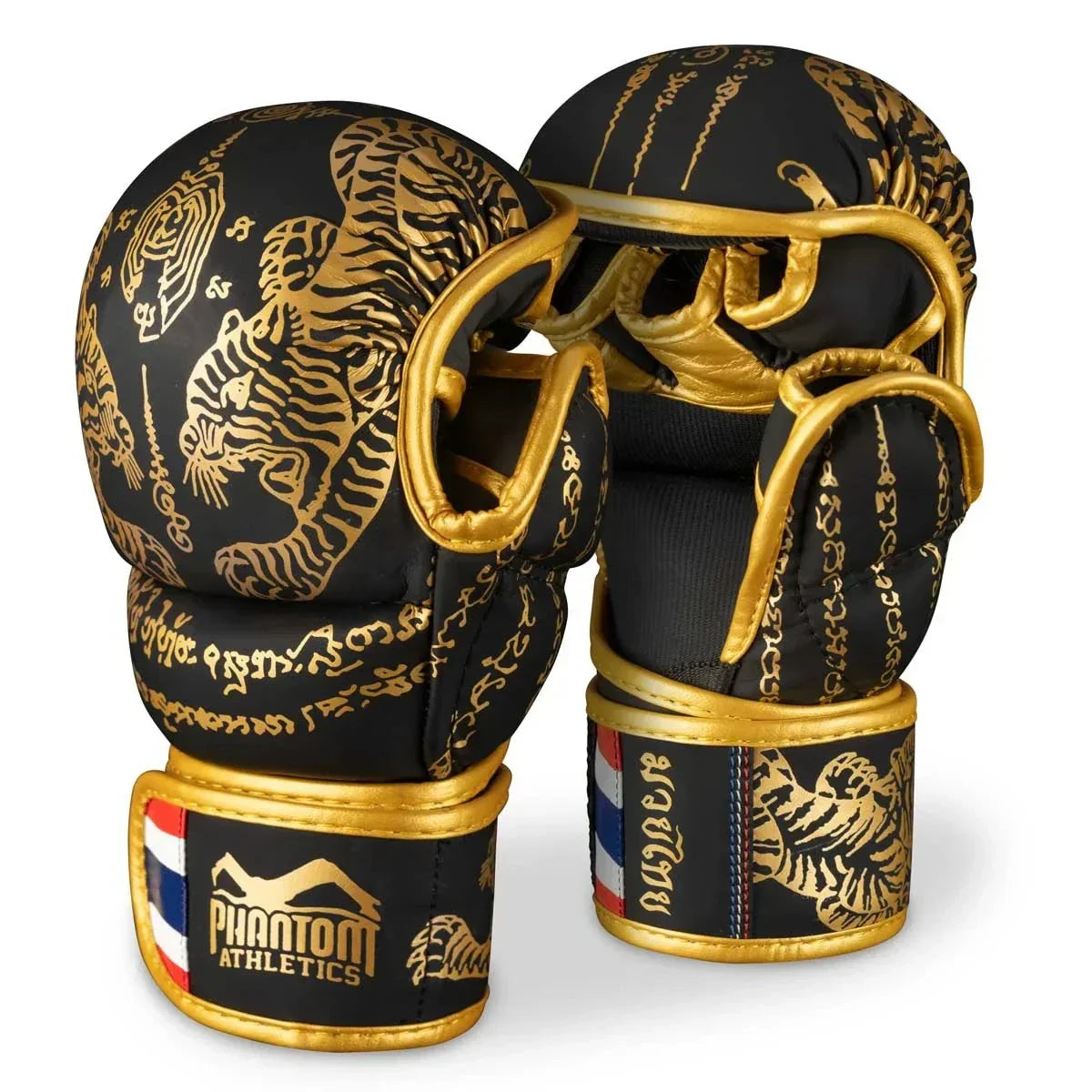 Gants de MMA Phantom noirs et or avec rembourrage, fermeture velcro longue et paume ouverte pour Muay Thai