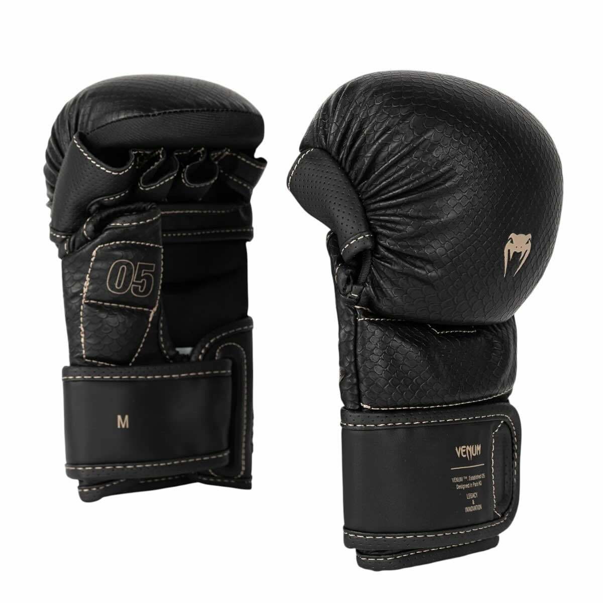 Gants MMA Sparring Venum Impact Evo Scales noirs en cuir haute protection pour entraînement intensif