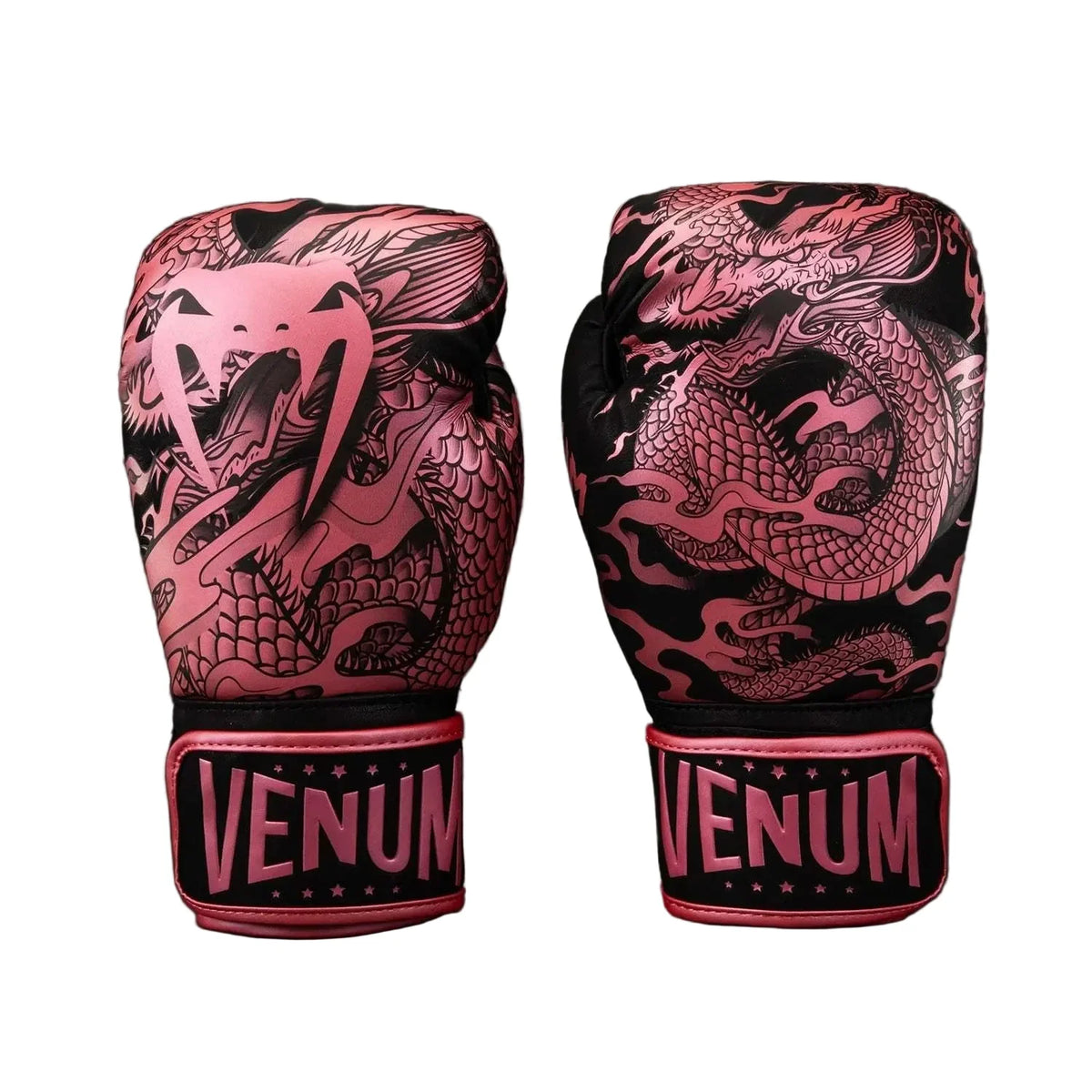 Gants de boxe Venum Dragon’s Flight noir et rose métallisé avec design dragon et protection renforcée