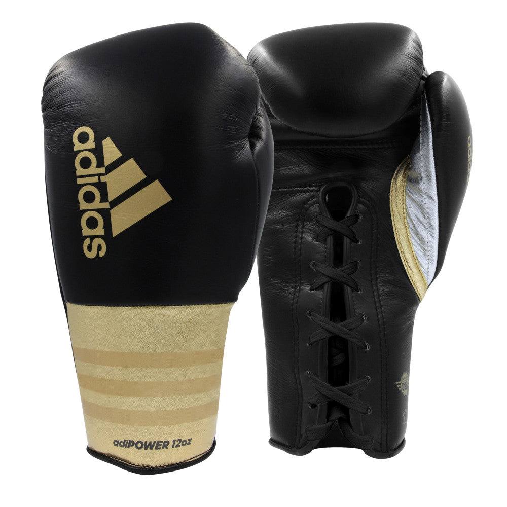 gants de boxe adidas Hybrid 500 PRO noirs et or à lacets en cuir avec mousse multi-couches pour entraînement intensif