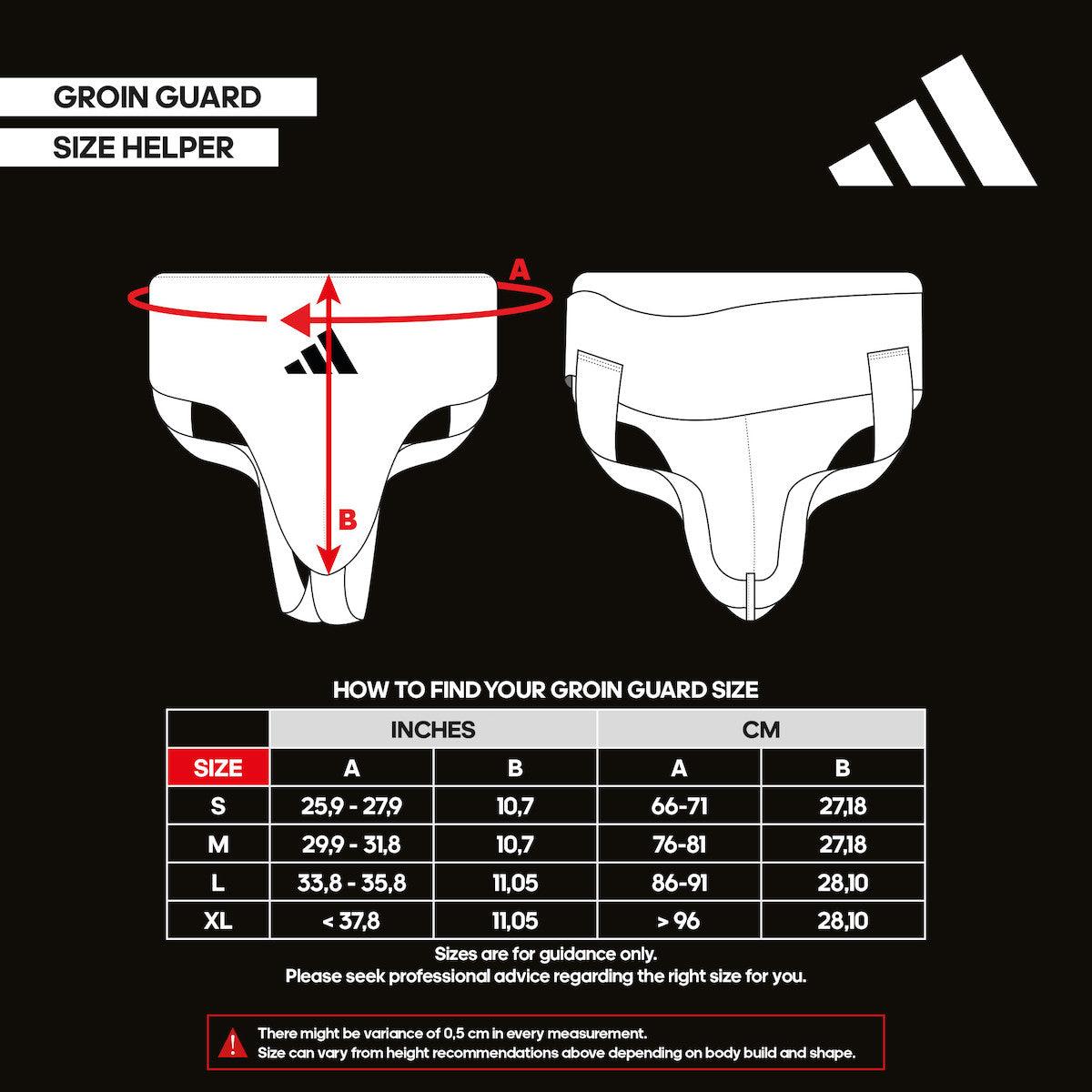 White Adidas ADIBP05 anatomical groin guard with high-density foam and elastic strap for genital protection in martial arts and combat sports