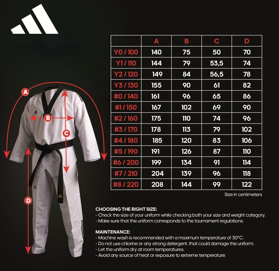 Taekwondo Dobok Adidas Champion II white with black collar, size chart and care instructions, technical uniform for Poomsae training and competition