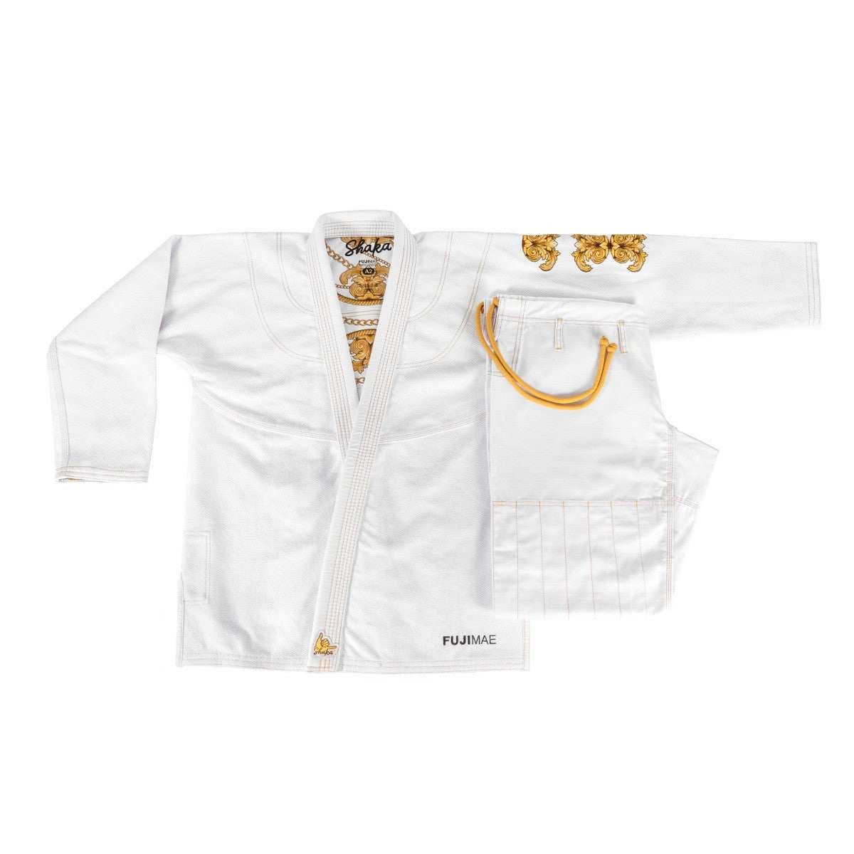 White Shaka 21 BJJ Gi QS with gold embroidery and durable ripstop pants for Brazilian Jiu-Jitsu training and competition