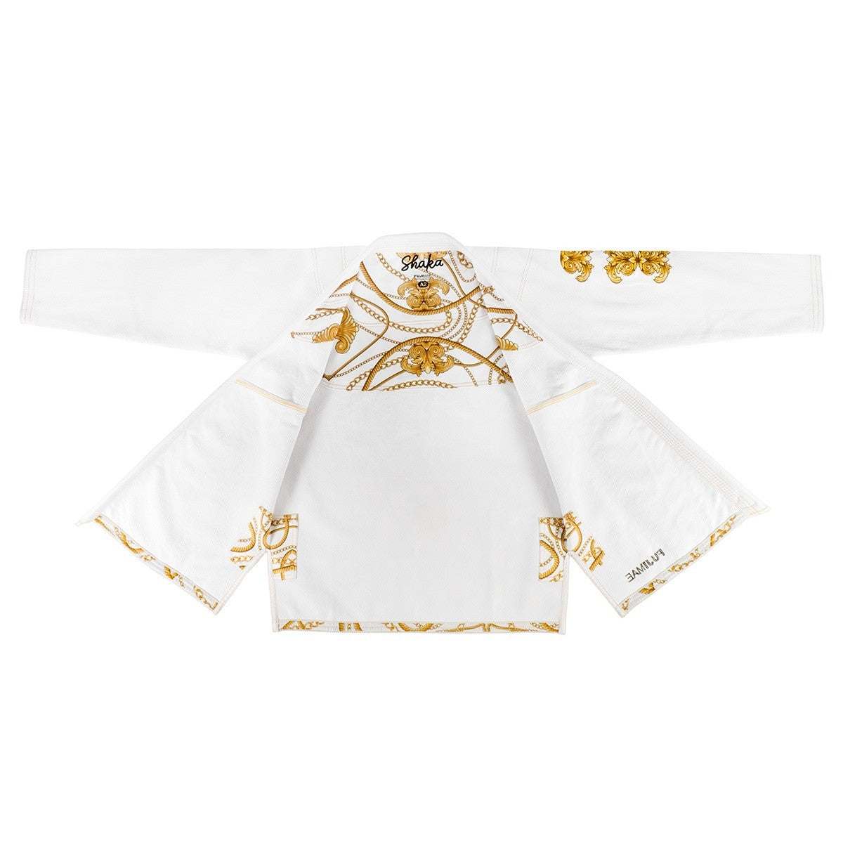White Shaka 21 BJJ Gi QS with gold decorative patterns, high-quality cotton jacket designed for Brazilian Jiu-Jitsu.