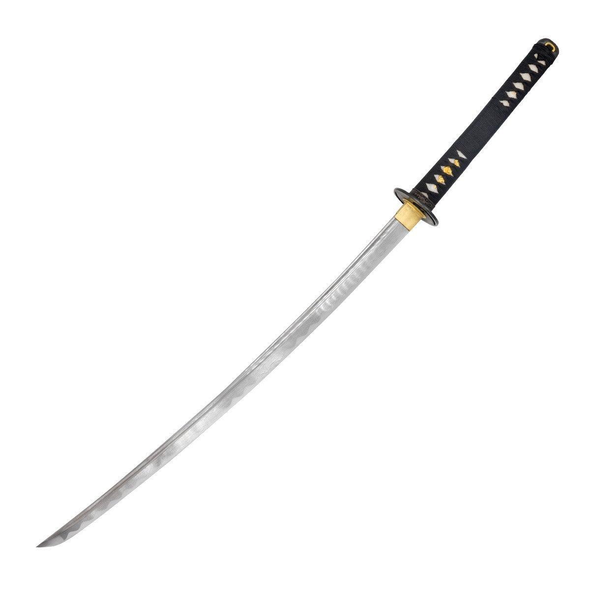 Katana en acier Damas with black braided handle and lacquered wooden saya for Aikido, Kendo, Iaido practice