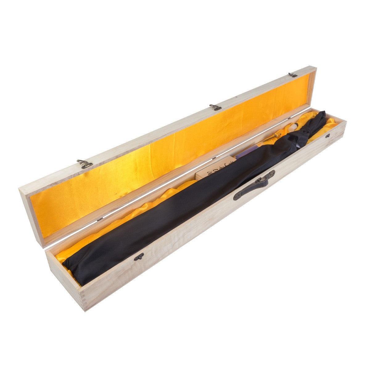 Katana en acier Damas noir pour Aikido Kendo Iaido avec saya en bois verni dans coffret en bois rembourré jaune