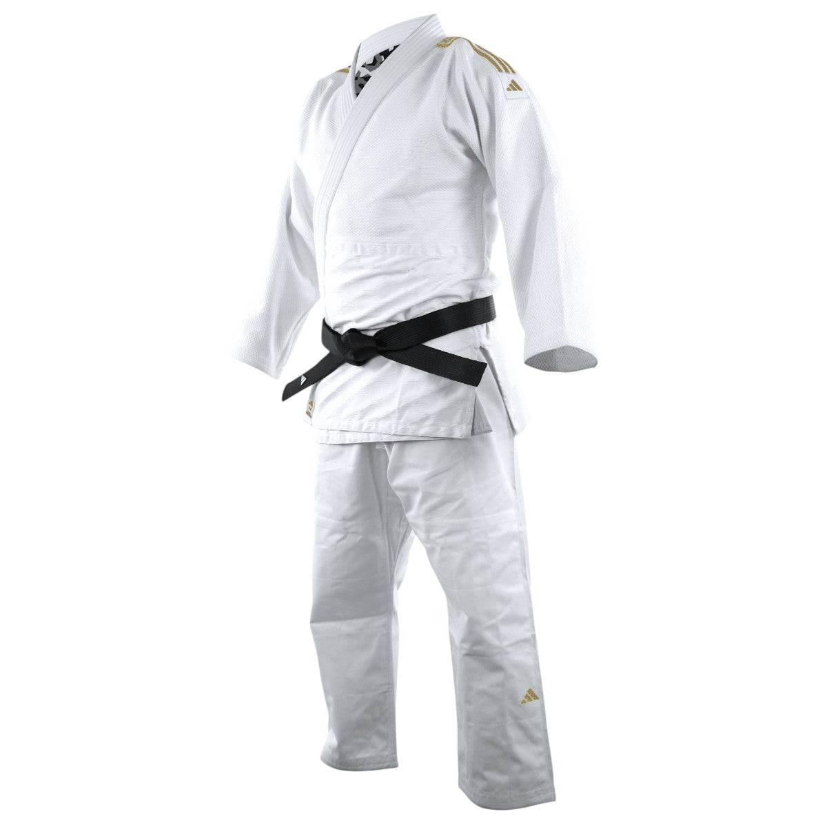 White Adidas J690 Quest judo kimono with black belt and gold shoulder stripes for training and competition
