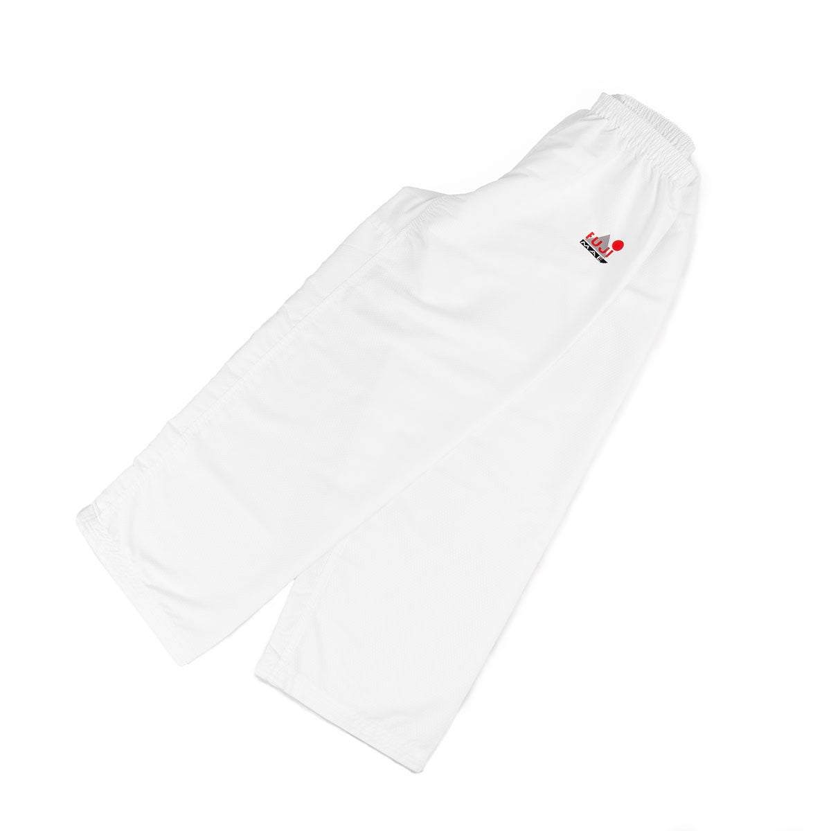White lightweight karate combat pants with elastic waistband and FUJIMAE logo
