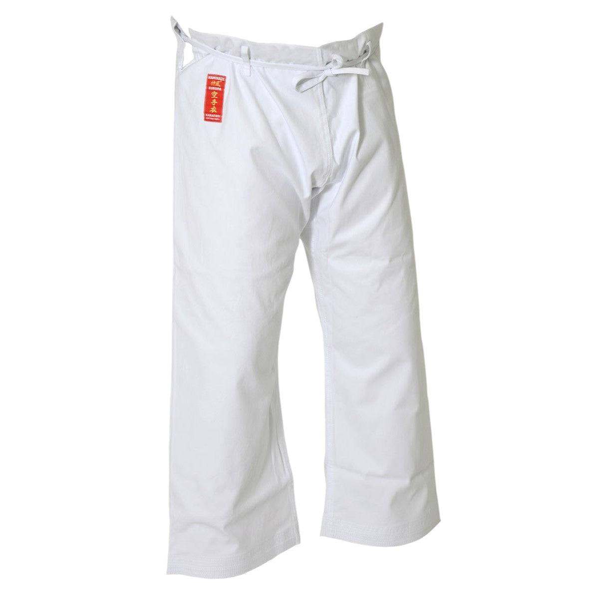 White cotton karate pants with traditional drawstring, Kimono Karate Kamikaze Europa training gear