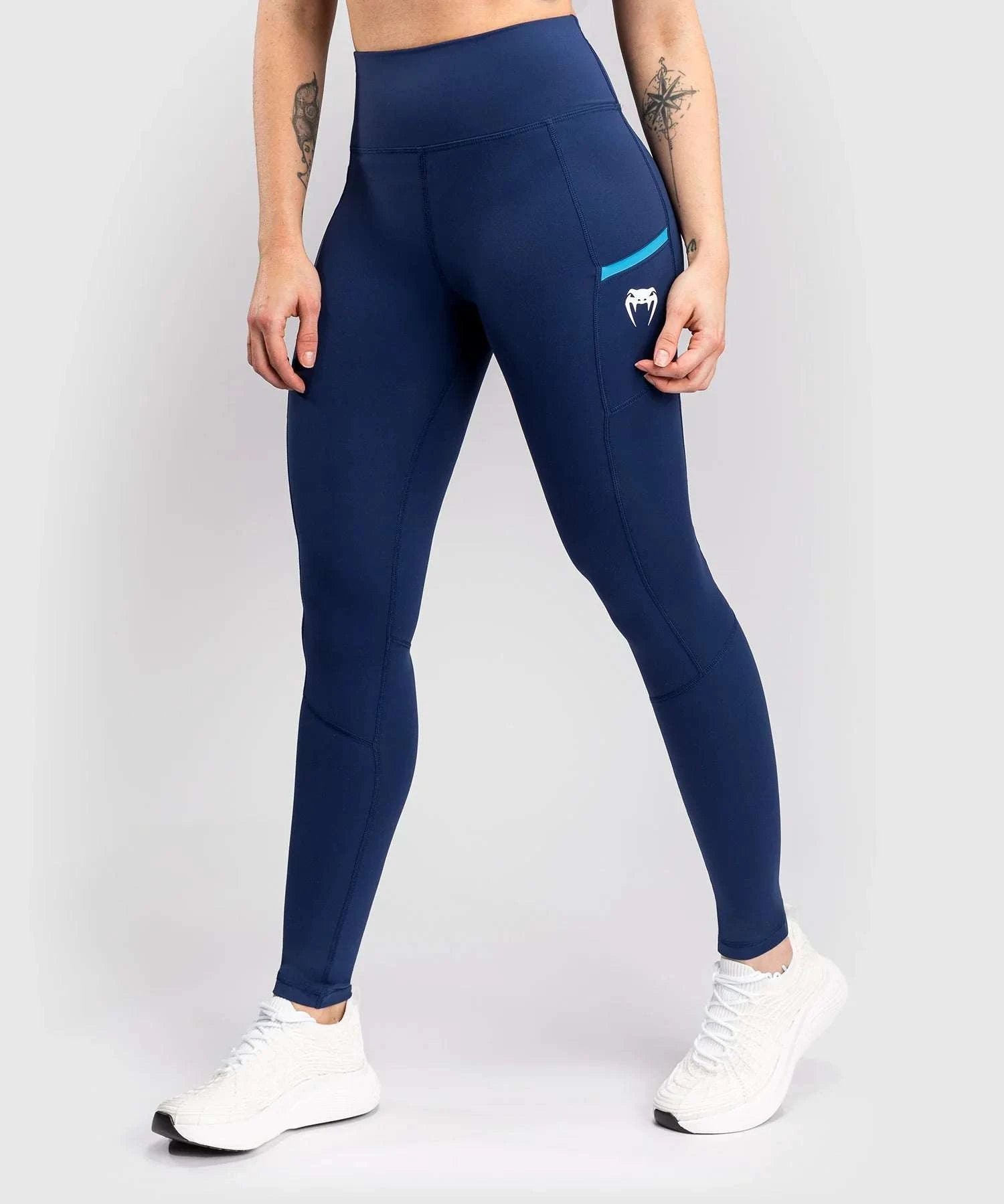Women's navy blue compressive long leggings with high waist and side pockets, Venum x Top Rank logo, designed for athletic performance and comfort