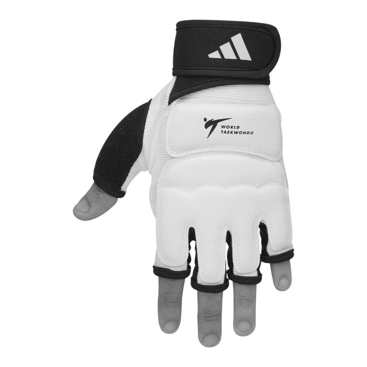 White Adidas Fighter WT Taekwondo mitts with black wrist strap and open fingers, official World Taekwondo approved glove for combat.