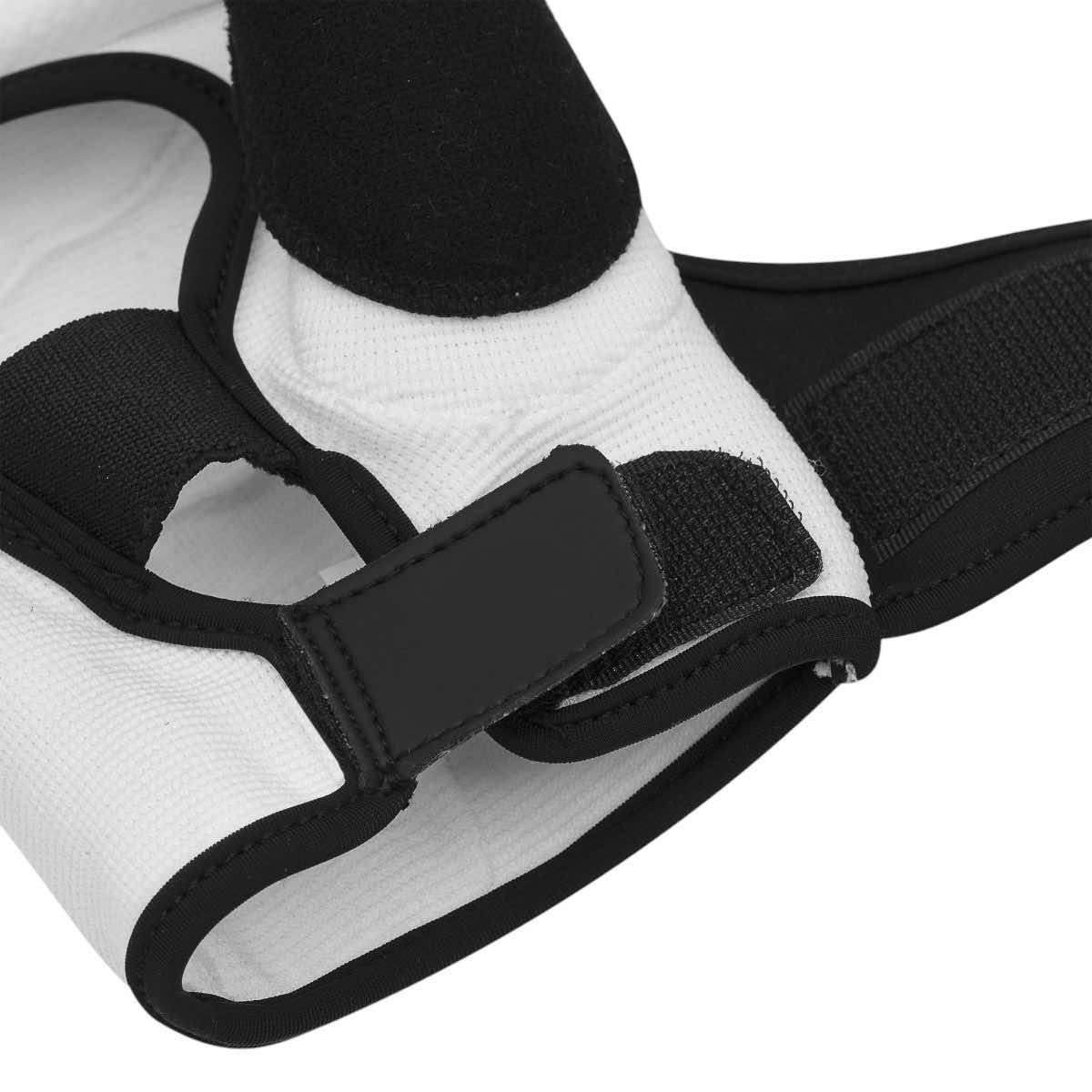 White and black Adidas Fighter WT Taekwondo mittens with adjustable wrist straps and open finger design for comfort and protection