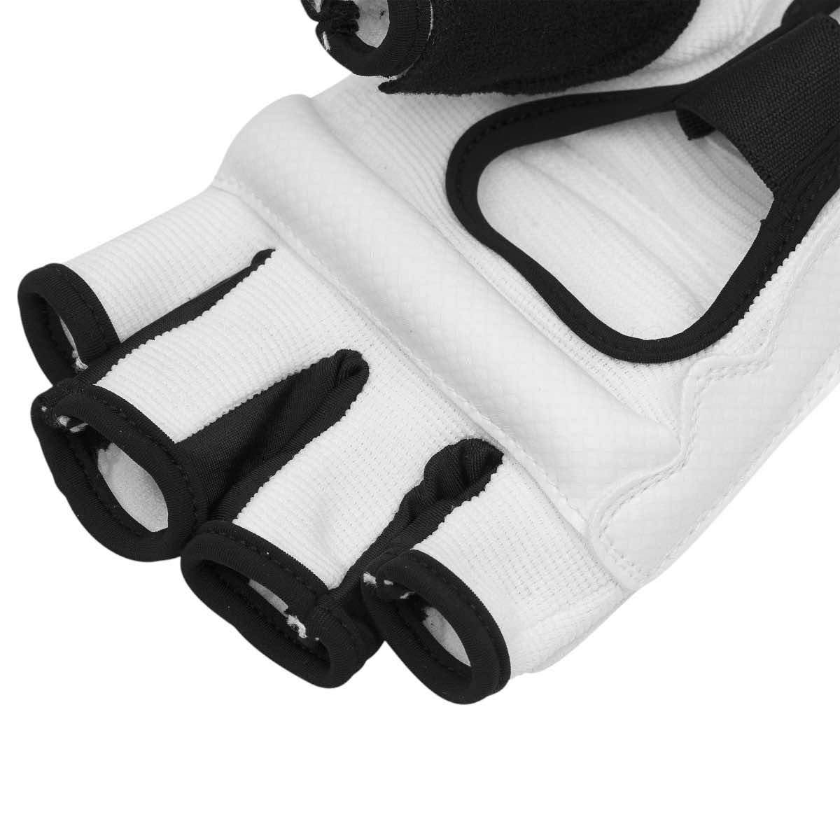 White Adidas Fighter WT taekwondo gloves with open fingers and adjustable wrist strap for comfort and protection