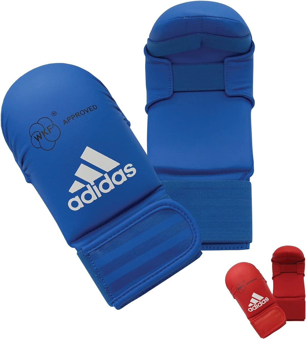 Blue Adidas WKF approved thumbless karate gloves for competition and training