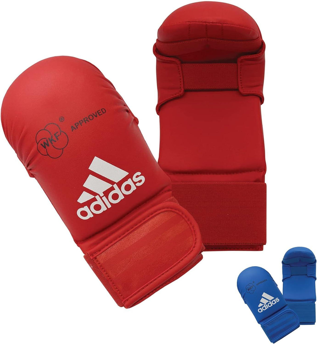 Red Adidas WKF approved karate mittens without thumbs by Adidas designed for competition and training