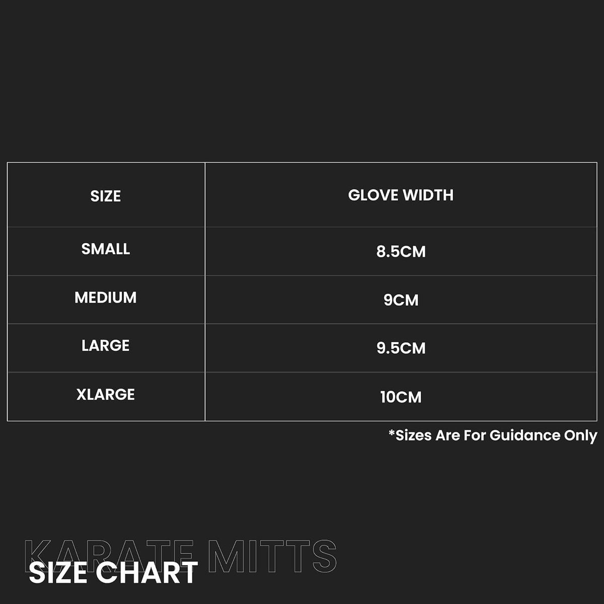 Size chart for Mitaines de Karate adidas gloves showing width measurements for small, medium, large, and extra-large sizes
