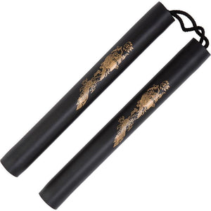 Nunchaku d'entraînement en mousse à corde Noris noir avec motif dragon doré, manches de 30 cm