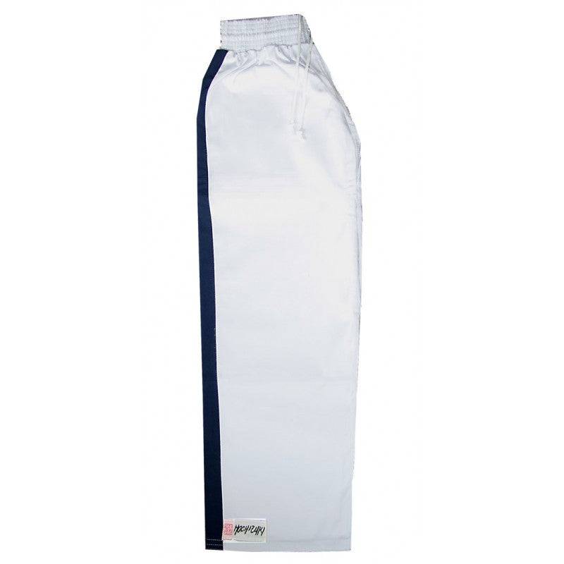 Pantalon Yoseikan Budo blanc 100% coton avec bandes bleu nuit et ceinture élastique