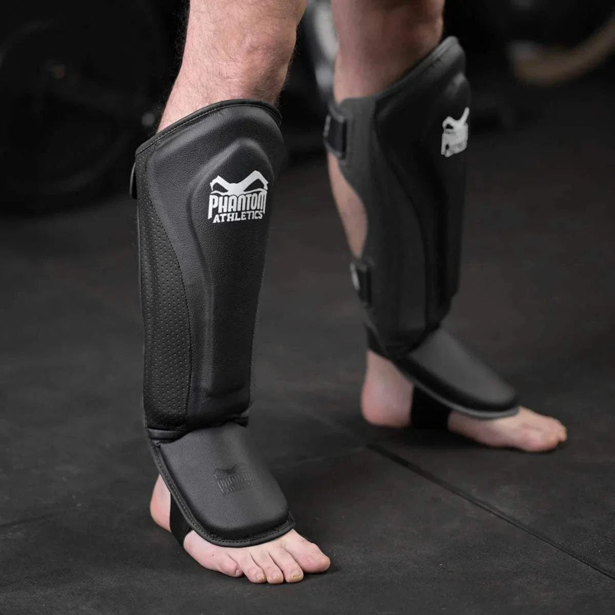 Protège-Tibias Phantom MT-Pro noir en cuir synthétique, protection complète et légère pour Muay Thaï et kickboxing