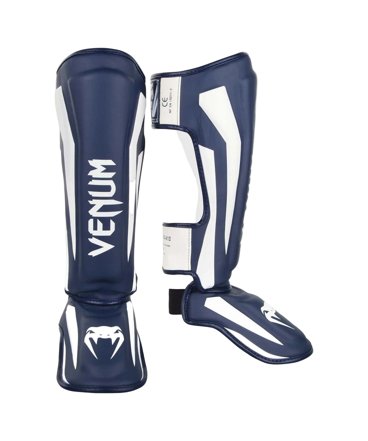 Protège-tibias Venum Elite bleu marine et blanc avec mousse haute densité pour protection et confort optimal
