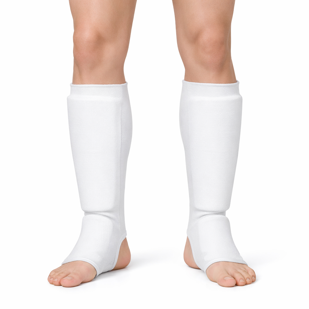 Protège tibia pied blanc standard pour karaté et taekwondo, protection et confort optimal