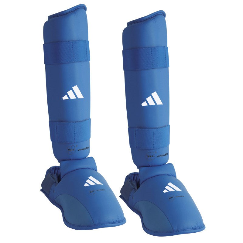 Blue Adidas WKF-approved Karate shin and foot protectors with adjustable straps and EVA foam padding