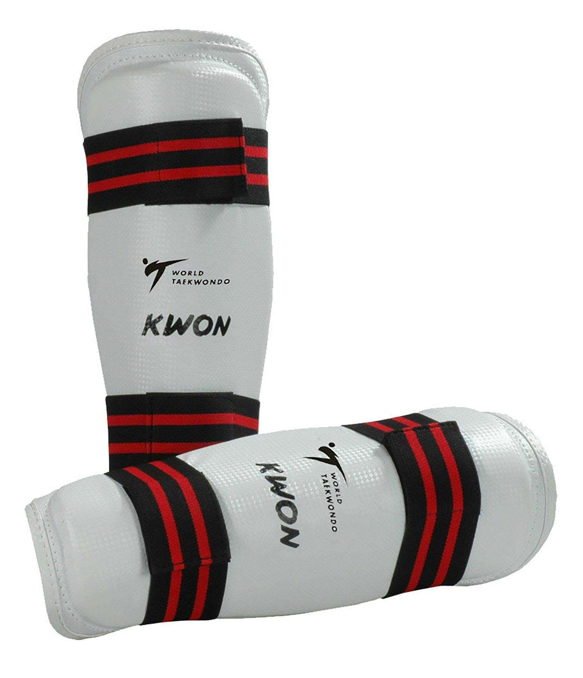 White and black Kwon Protege-tibias shin guards with red stripes for Taekwondo training and competition, WT approved