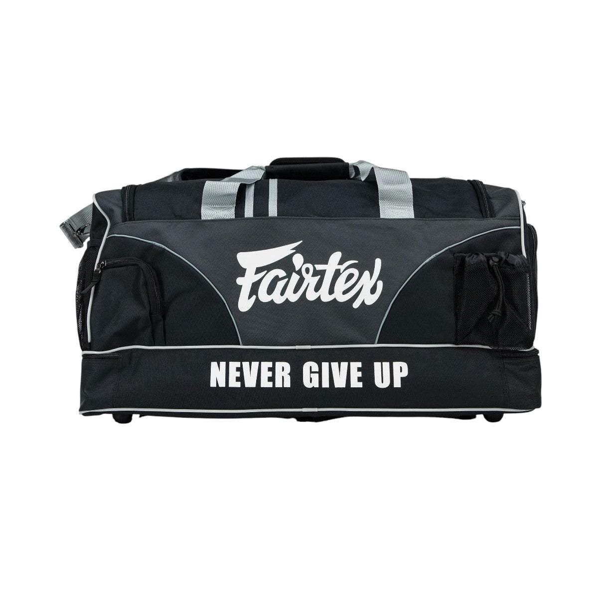 Sac de Sport Fairtex Premium noir et vert, grande capacité avec rangement ventilé et double fond, résistant en nylon Rip Stop, fabriqué en Thaïlande.