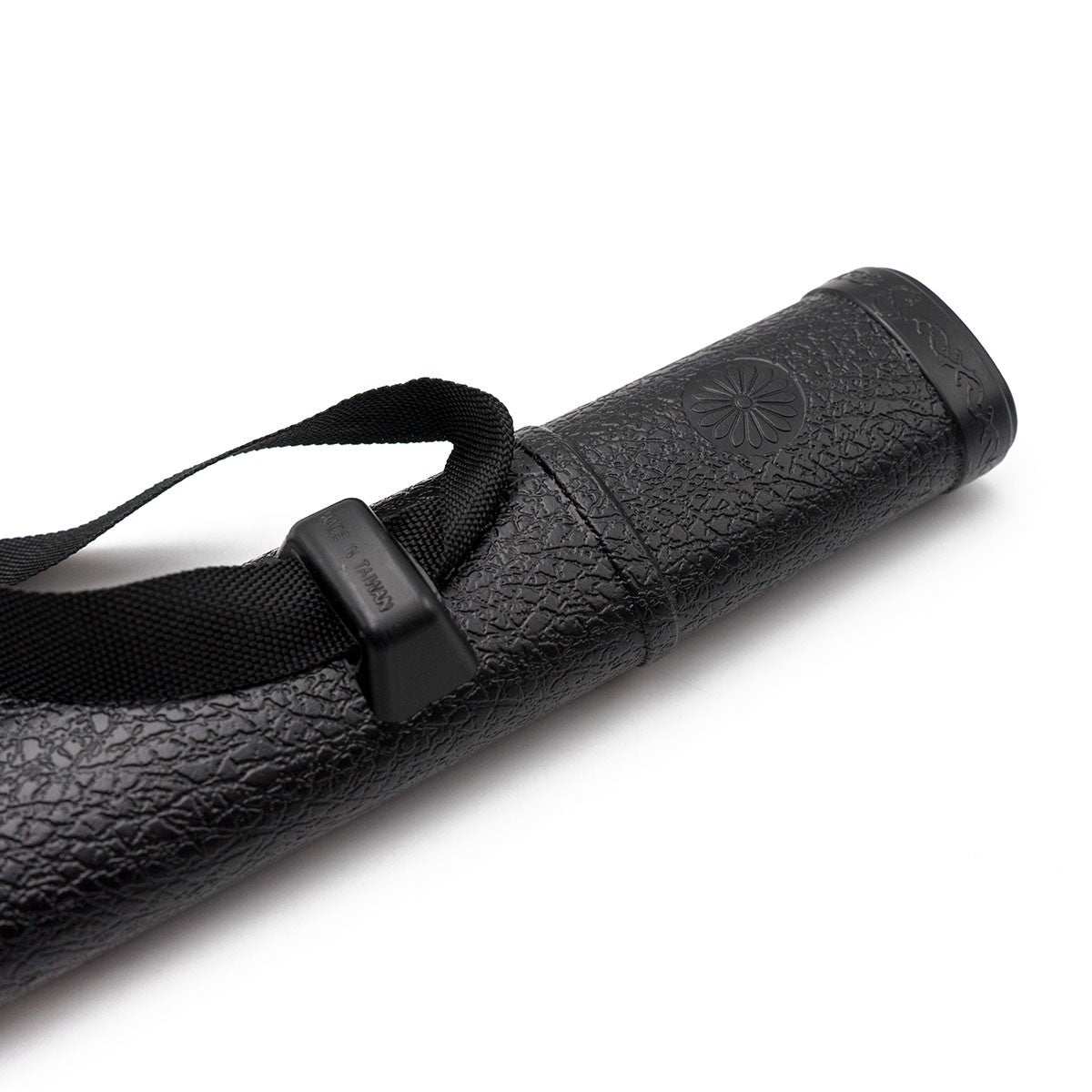 Black textured polypropylene saya for secure transport of Shoto wooden sword with adjustable cord strap.