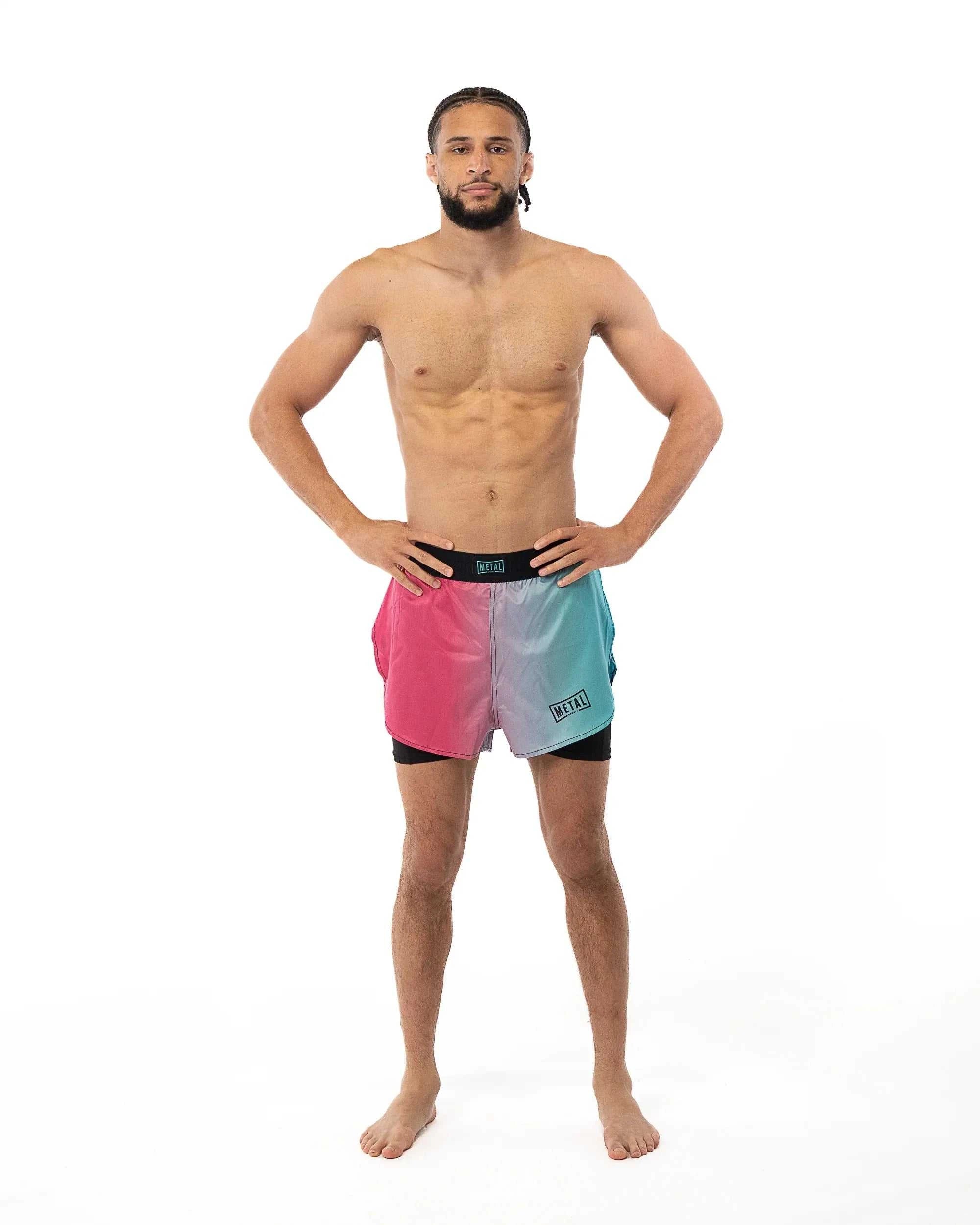 Short 2en1 Metal Boxe léger beige avec compression intégrée pour MMA