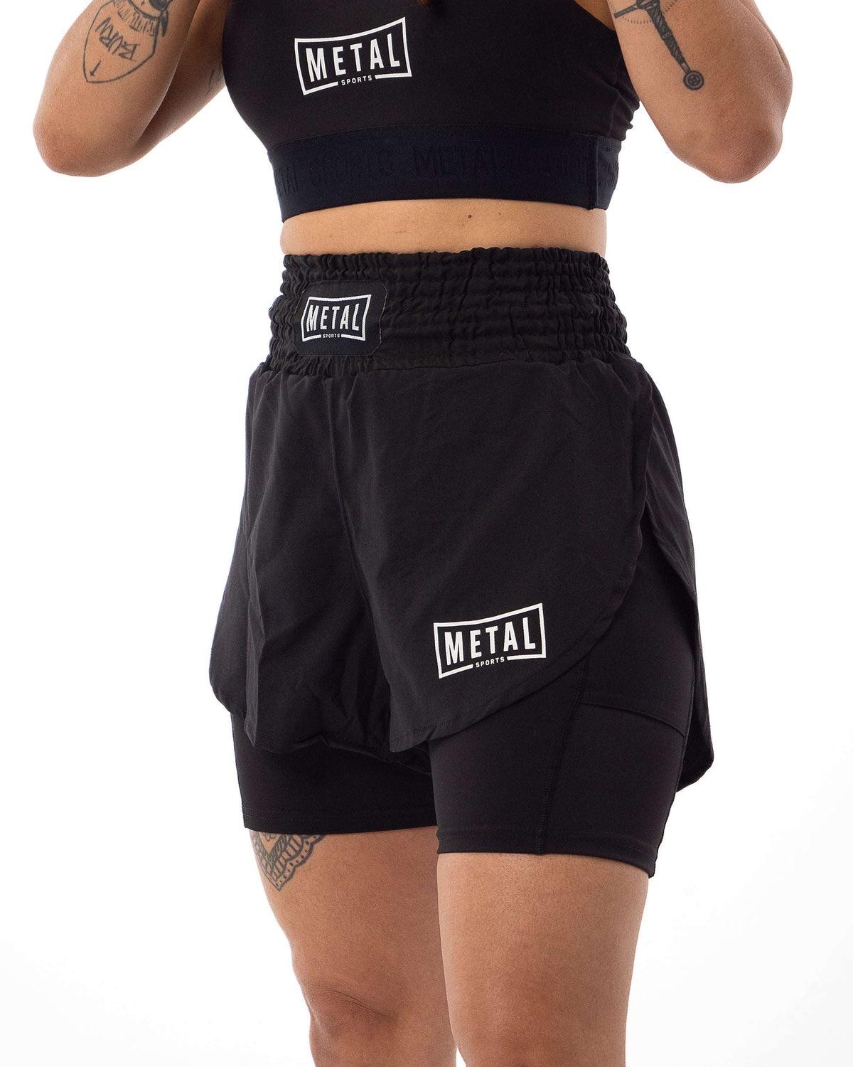 Short MMA femme 2 en 1 Metal Boxe noir et Miami Vibe, confort et compression intégrée pour entraînement et sport
