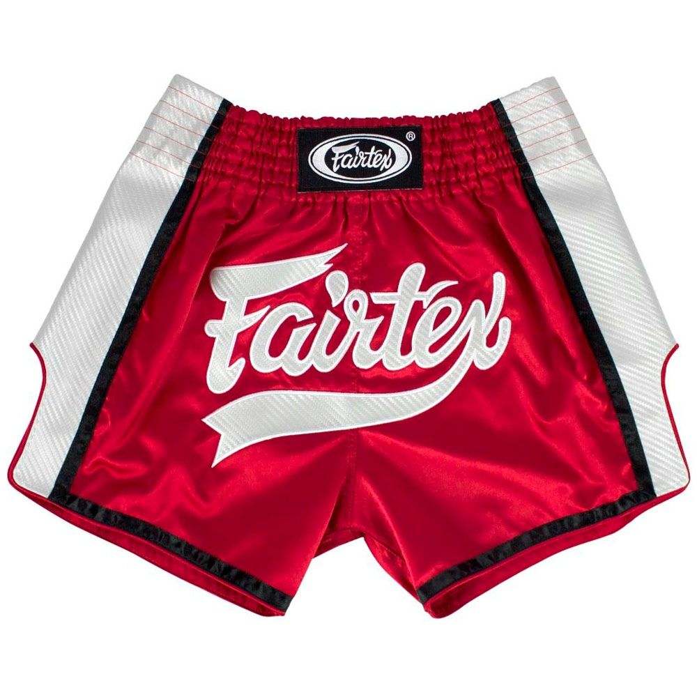 Shorts de Muay Thaï Fairtex rouges blancs et bleu noir coupe traditionnelle confortable