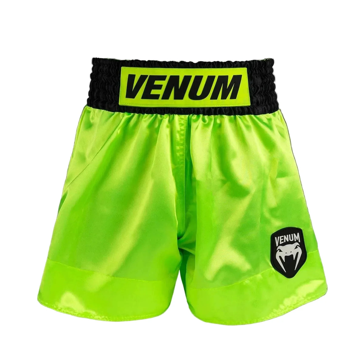 Short de Muay Thai Venum Classic Evo jaune néon avec fentes latérales et ceinture élastiquée pour entraînement performance