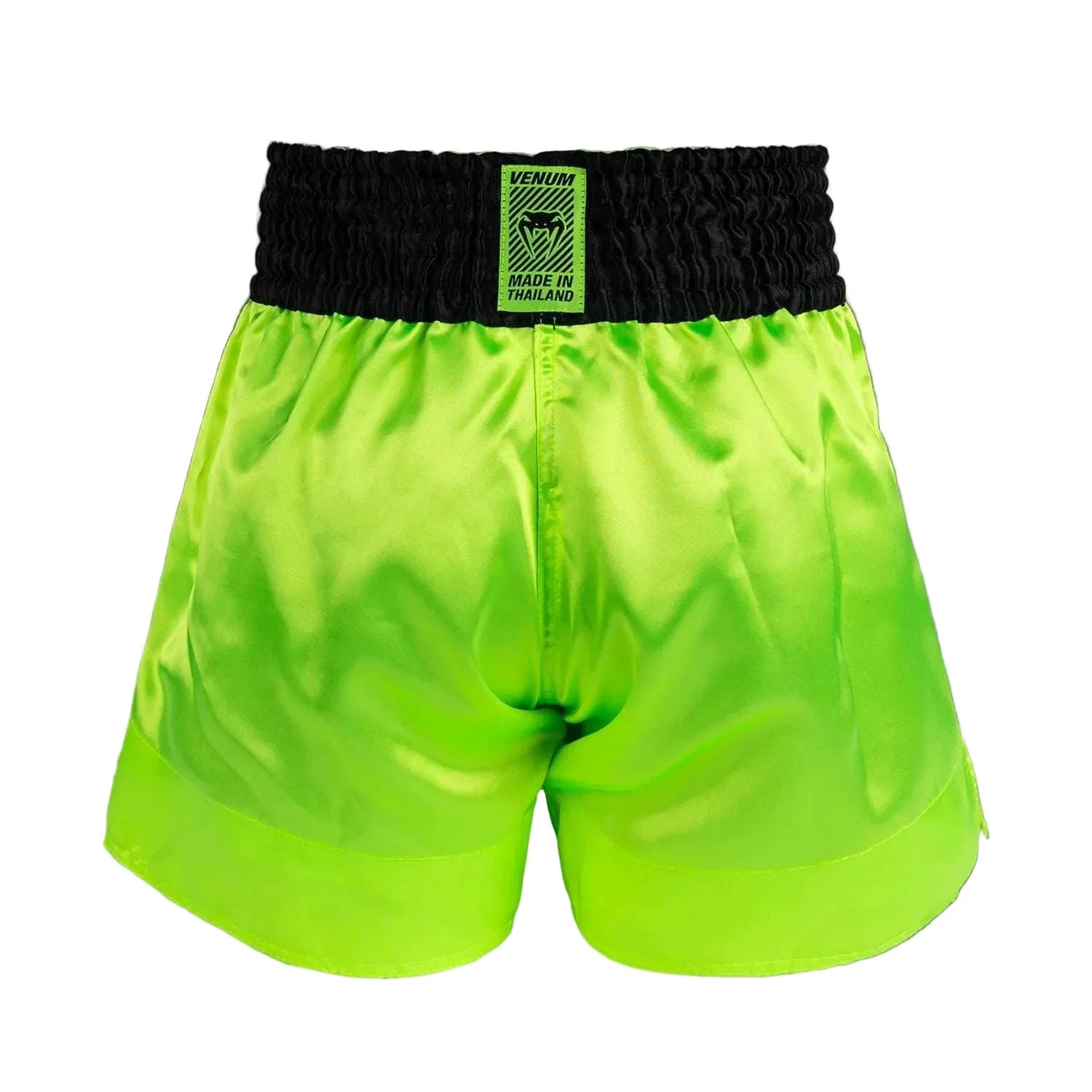 Short de Muay Thai Venum Classic Evo jaune néon avec fentes latérales et ceinture élastiquée pour entraînements performants