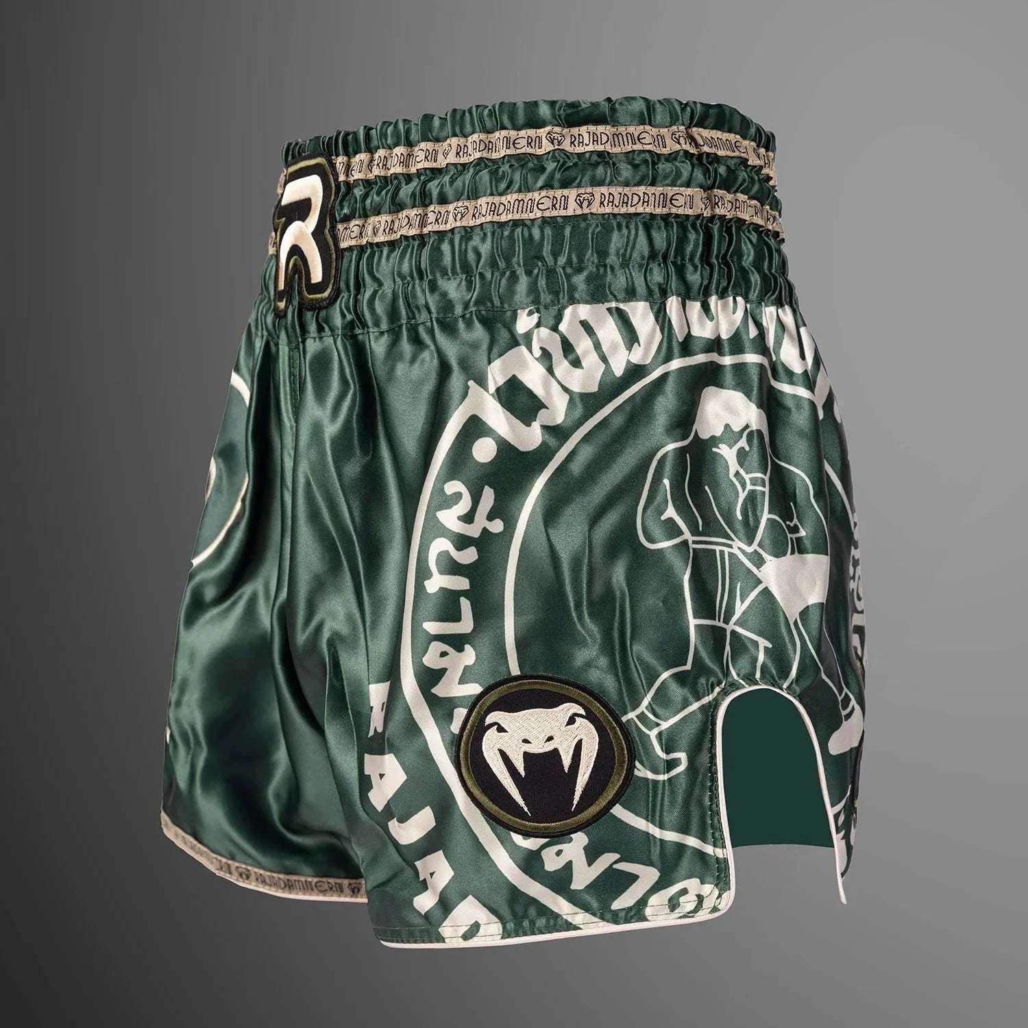 Short de Muay Thaï Venum Rajadamnern vert militaire pour entraînements et combats
