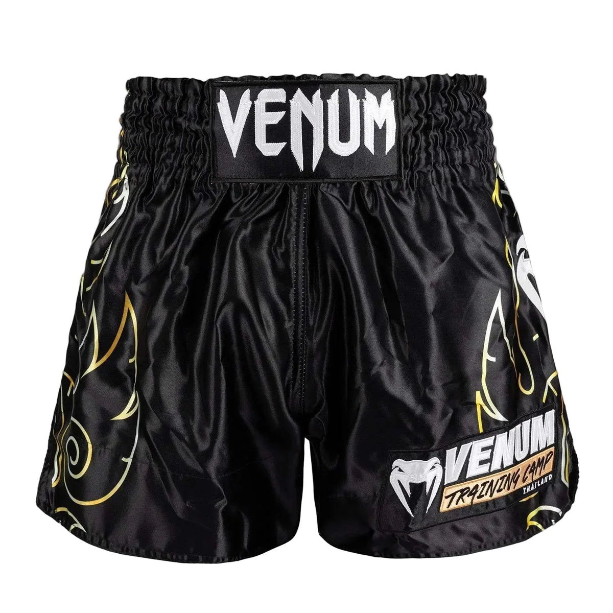 Short Muay Thaï Venum noir et or avec flammes néon, confort et liberté de mouvement