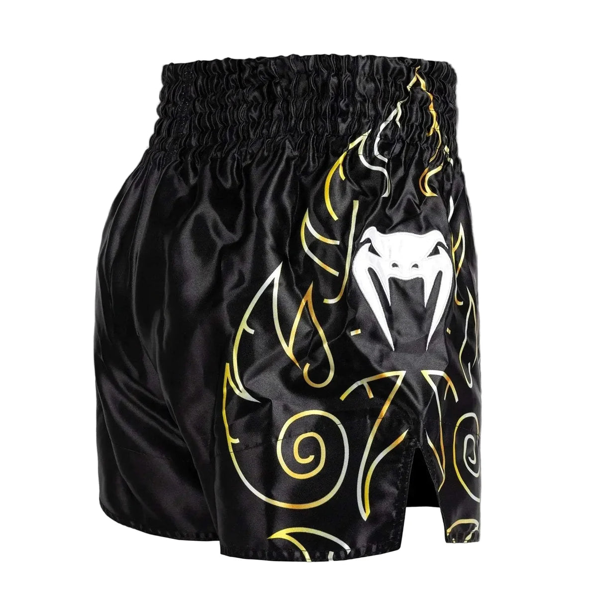 Short Muay Thaï Venum noir et or avec détails flammes pour entraînements performants