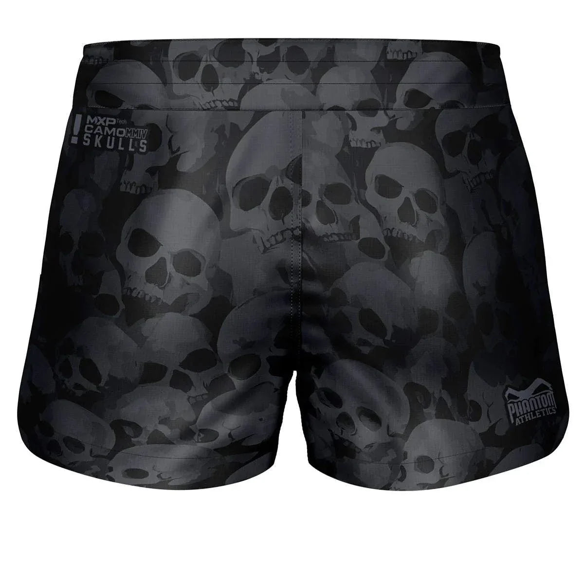Short de combat FUSION Skull Camo noir mat en matière ripstop légère et résistante, ceinture élastique avec cordon, idéal MMA et sports de combat.