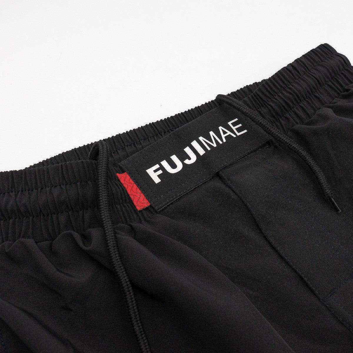 Black FUJIMAE No Gi training shorts for Brazilian Jiu Jitsu with elastic waistband and adjustable drawstring