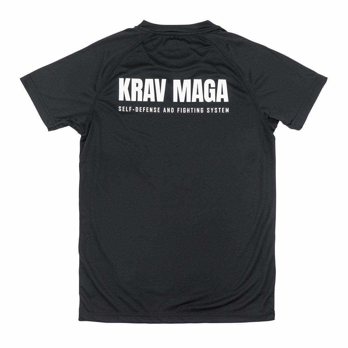 Black Dry Tec T-Shirt with "KRAV MAGA Self-Defense and Fighting System" text on the back for martial arts training