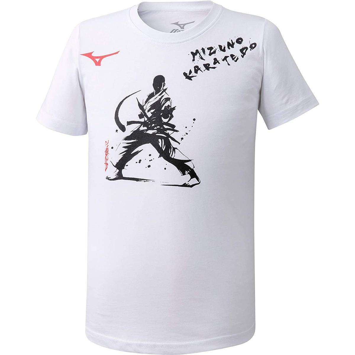 T-shirt Mizuno Karatedo blanc avec illustration karatéka manches courtes col rond coton doux