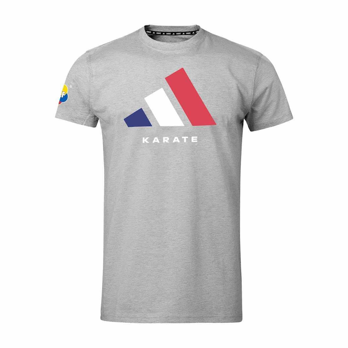 Gray Adidas Karate France T-shirt with tri-color logo and "Karate" text, designed for martial arts comfort and style