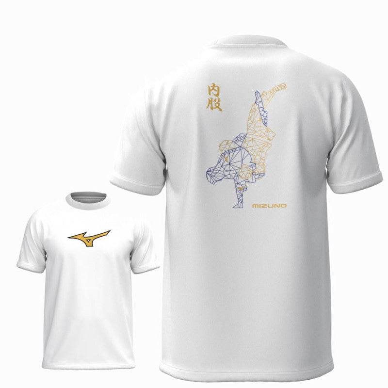 T-shirt Mizuno Uchimata blanc noir pour judo en coton et polyester recyclé, design technique Uchimata pour enfant et adulte