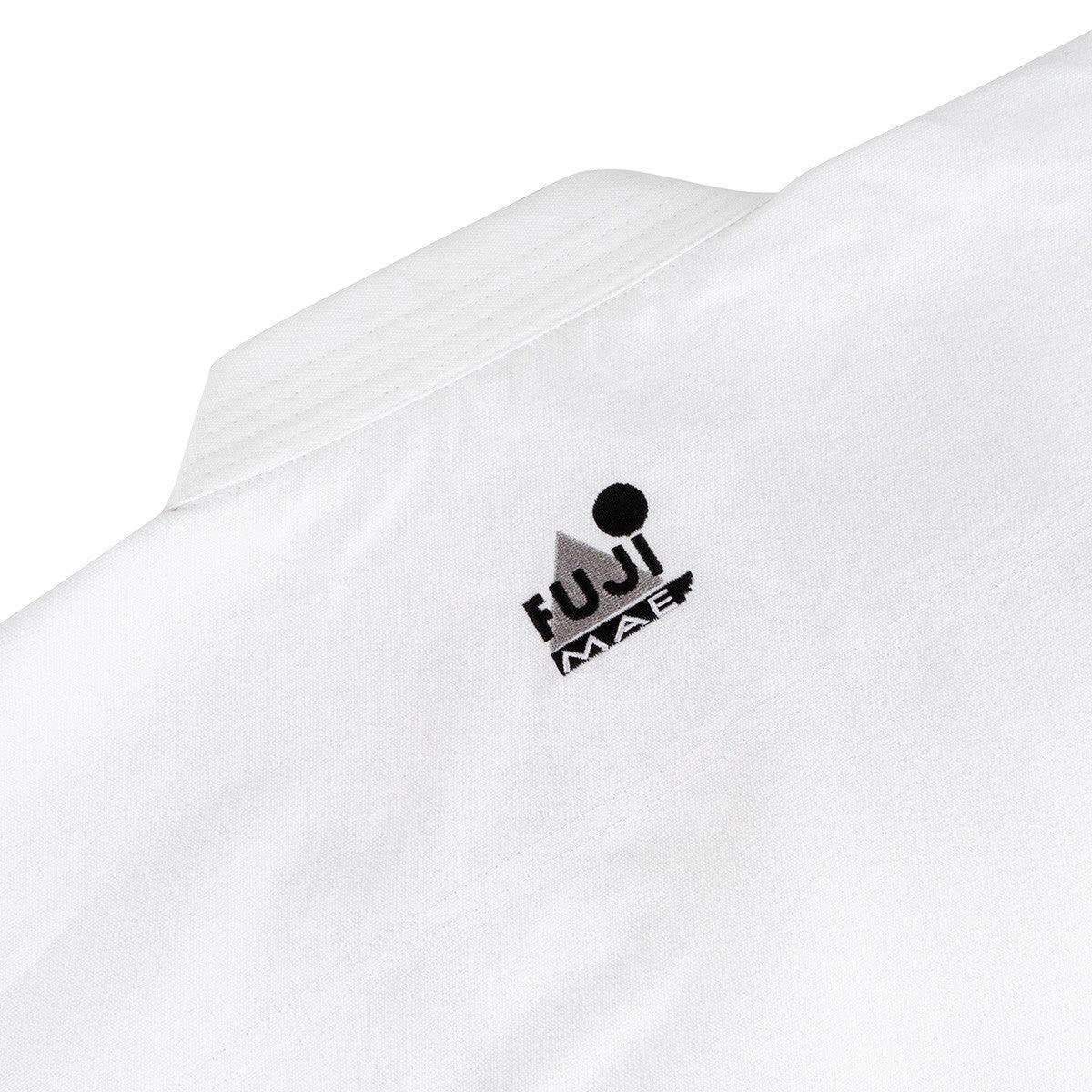 White FUJIMAE Legacy II Karate Kimono jacket with black logo and traditional design details