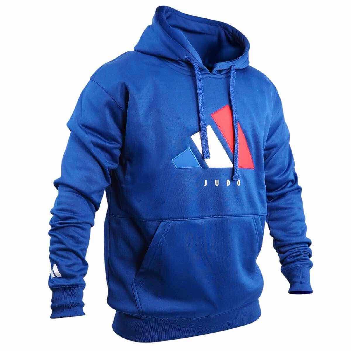 blue adidas judo hoodie with adjustable hood and front logo design