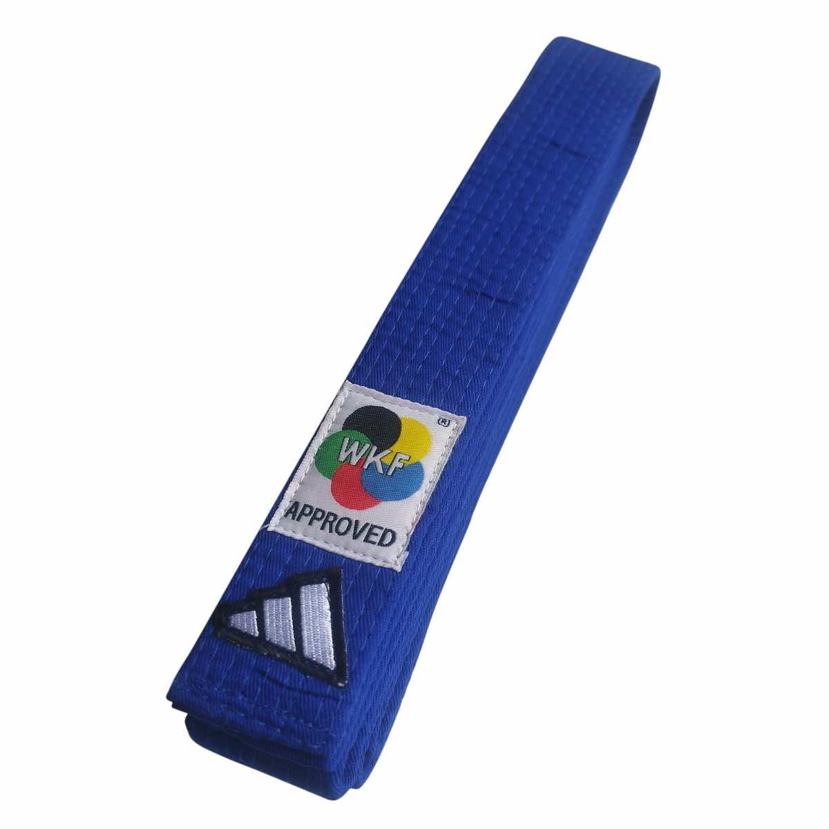 Blue Adidas Elite karate belt with WKF approved patch and Adidas logo