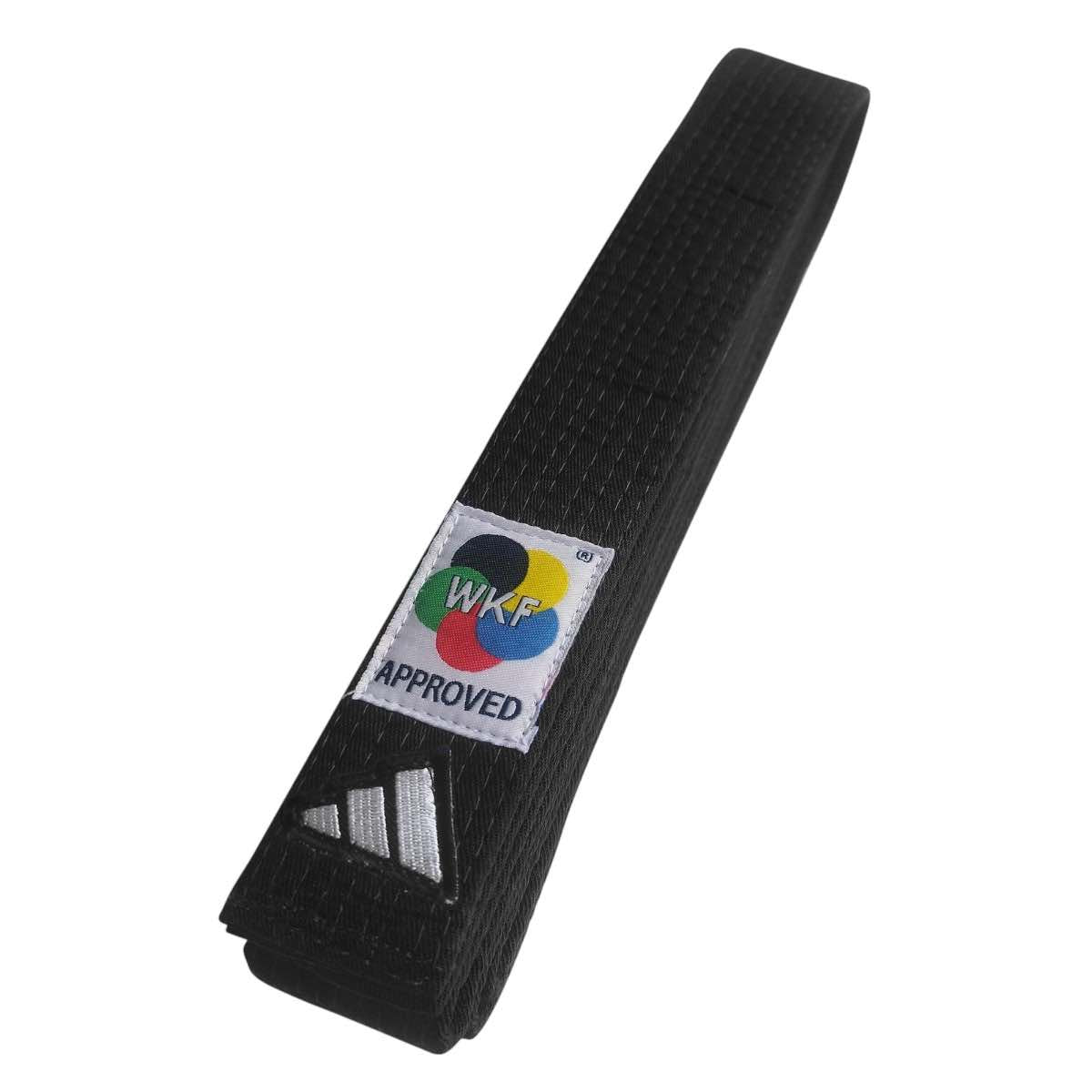 Black Adidas Elite Karate belt with WKF approval patch and Adidas logo