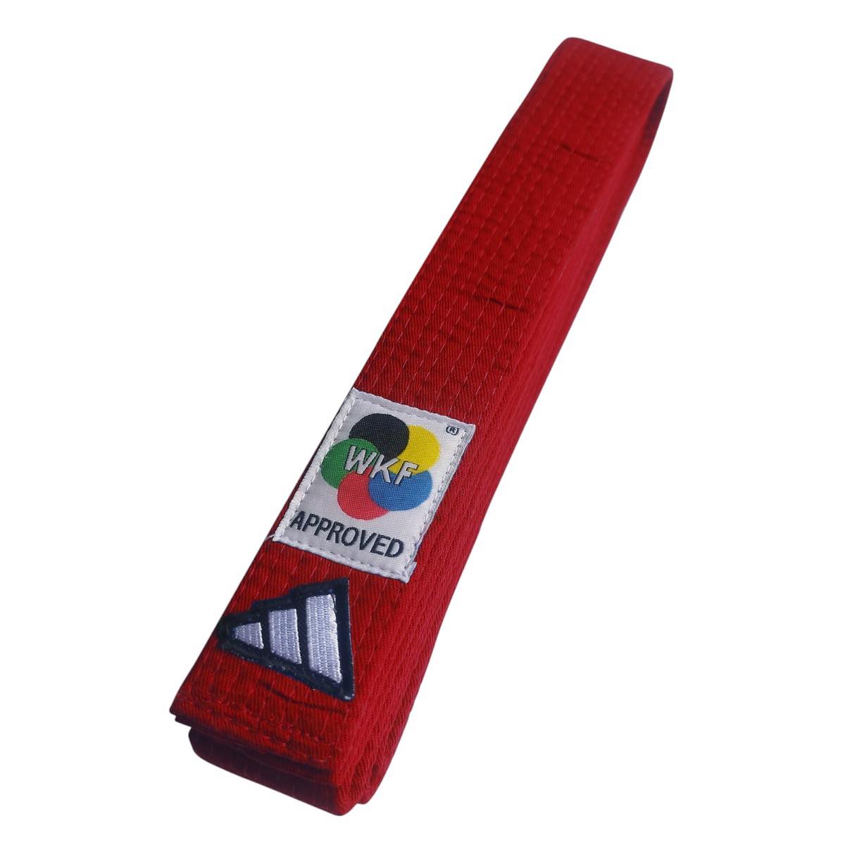 Red Adidas Elite Karate belt with WKF approval and Adidas logo, durable cotton material for competition use