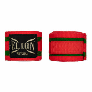 Bandes de boxe ELION 4,5 m rouges et vertes en coton et lycra avec attache pouce et velcro pour protection poignet et métacarpes.